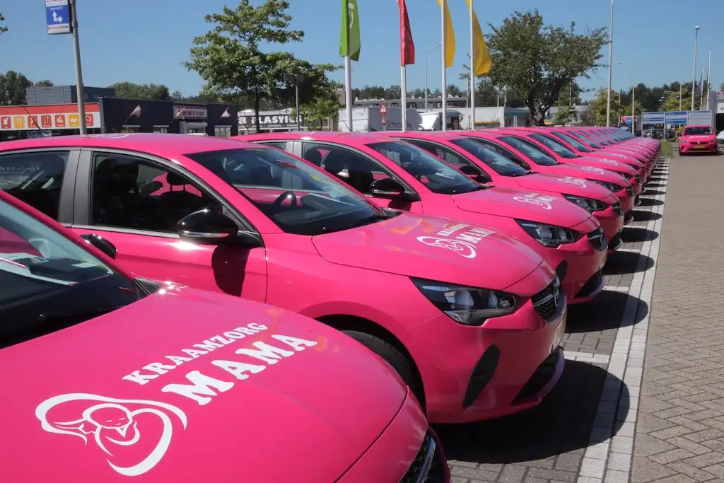Vloot van gloednieuwe, felroze Kraamzorg Mama auto's, net afgeleverd en klaar voor gebruik door onze toegewijde kraamverzorgsters.